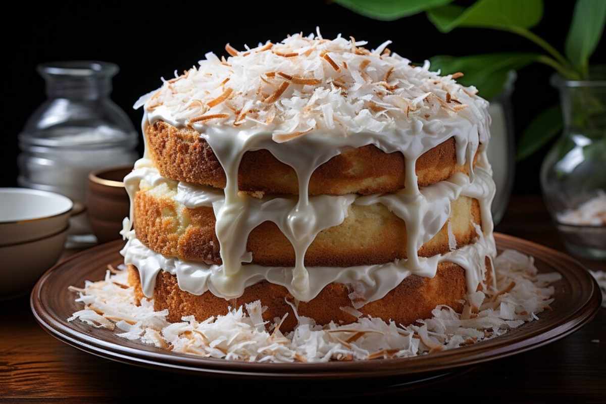 A beautifully frosted old fashioned coconut cake topped with shredded coconut, displayed on a white cake stand, perfect for a classic homemade dessert.
