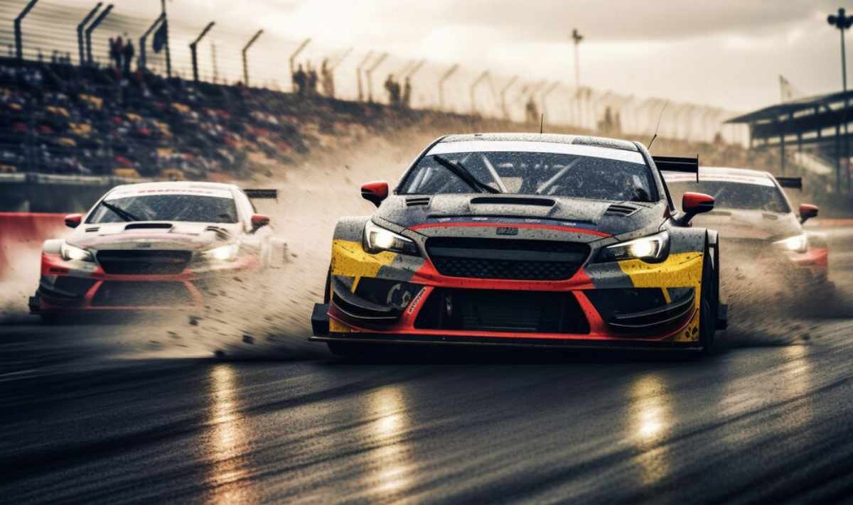 An exciting rally sports race showcasing drivers navigating rugged terrain in rally cars, with co-drivers offering guidance to navigate each challenging stage.