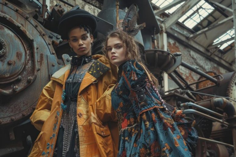 Steampunk fashion showcasing Victorian-inspired clothing with industrial and mechanical elements, including corsets, goggles, and leather accessories for a creative style.