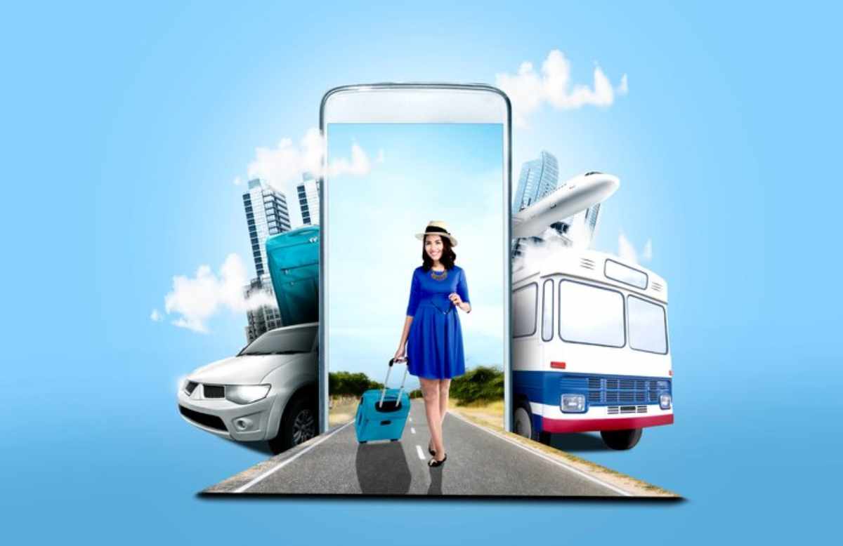 "Traveler booking a flight on a smartphone using a travel app"