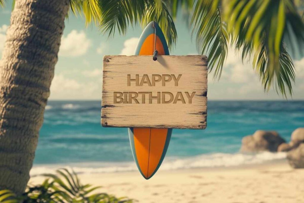 "Smiling woman holding a birthday card with Hawaiian greeting Hauʻoli Lā Hānau"